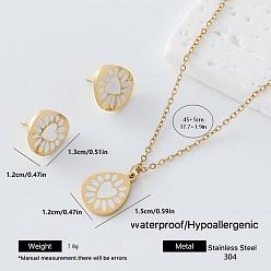 White 304 Stainless Steel Enamel Heart Flower Pendant Necklace & Stud Earrings Set for Women, Golden, White, 450mm