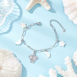 Нержавеющая Сталь Цвет 304 из нержавеющей стали шарм браслеты, браслеты-цепочки из латуни для скрепок для женщин, черепаха, звезда и луна, с натуральными пресноводными ракушками, цвет нержавеющей стали, 7-1/4 дюйм (18.5 см)