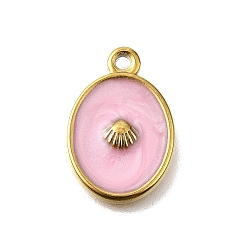 Бледно-Розовый 304 подвески из нержавеющей стали, с эмалью, овал с формами ракушек, золотые, розовый жемчуг, 20x14x3 мм, отверстие : 1.6 мм