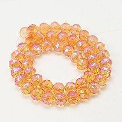 Orange Electroplate Glass Beads Strands, Full Rainbow Plated, Faceted, Round, Orange, 8mm, Hole: 1mm