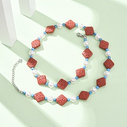 Rhombus Dyed Natural Lava Rock & Round Synthetic Turquoise & Imitation Pearl Beaded Necklaces, with 304 Stainless Steel End Chains, Stainless Steel Color, Red, Rhombus, 19.37 inch(49.2cm), Rhombus: 14.5x14.5x6mm