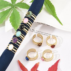 Смешанные камни 304 многослойные открытые манжеты из нержавеющей стали, овальное кольцо с натуральным драгоценным камнем для женщин, реальный 18 k позолоченный, ионное покрытие (ip), 10.5 мм, регулируемый