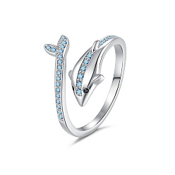 Платина Открытые кольца манжеты из латуни с микропаве и кубическим цирконием, дельфин, платина, размер США 4 1/4(15мм)~20мм