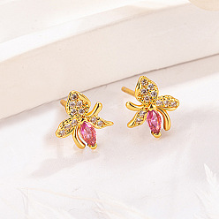 Golden Brass Micro Pave Cubic Zirconia Stud Earrings for Women, Flower, Golden, 8.8x8mm
