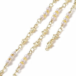 Golden Rack Plating Brass Star Link Chains, with Plastic Pearl Beaded, Unwelded, with Card Paper, Golden, 10x5x2mm