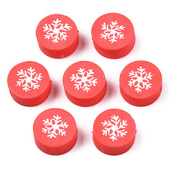 Red Handmade Polymer Clay Beads, Christmas Style, Flat Round with Snowflake, Red, 9x4mm, Hole: 1.6mm