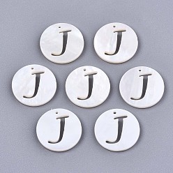 Letter J Natural Freshwater Shell Charms, Flat Round with Hollow Out Letter, Letter.J, 14.5x1.5mm, Hole: 0.9mm