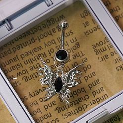 Бабочка 304 Изогнутые кольца для живота в форме штанги из нержавеющей стали с черными кубическими цирконами, цвет нержавеющей стали, бабочка, длина стержня: 3/8"(10мм), штифты : 1.6 мм