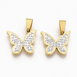 Золотой 201 подвески из нержавеющей стали, со случайным размером оснастки на поручителях и стразами из полимерной глины и хрусталя, бабочка, золотые, 28x20x3 мм, отверстие : 8~10x3~5 мм
