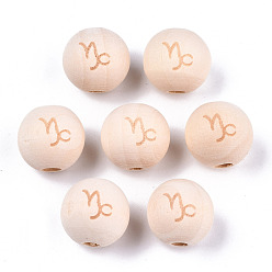 Capricorn Unfinished Natural Wood European Beads, Large Hole Beads, Laser Engraved Pattern, Round with Constellation, Capricorn, 15~16x14~15mm, Hole: 4mm