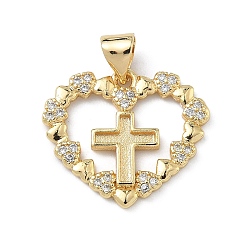 Настоящее золото 18K Латунные микро проложить кубического циркония подвески, сердце с крестными прелестями, без кадмия и без свинца, долговечный, стойки покрытие, реальный 18 k позолоченный, 17.5x20x2 мм, отверстие : 4x3 мм