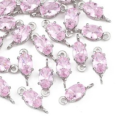 Pink SHEGRACE Brass Pave Cubic Zirconia Oval Connector Charms, Cadmium Free & Nickel Free & Lead Free, Long-Lasting Plated, Real Platinum Plated, Pink, 11.5x4.5x4mm, Hole: 1mm and 1.2mm