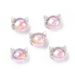 Misty Rose UV Plating Rainbow Iridescent Acrylic Beads, Two Tone Bead in Bead, Cat, Misty Rose, 16x18.5x14.5mm, Hole: 3.5mm