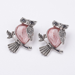 Стеклянный Камень Арбуза Арбуз камень стеклянные подвески, Сплав с поиска, сова, античное серебро, 46.5x35.5x11.5 мм, отверстие : 6x8.5 мм