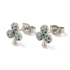 Платина Серьги-пусеты из латуни «Туз треф» с цирконием для женщин, без свинца и без кадмия, платина, 9x7.5 мм