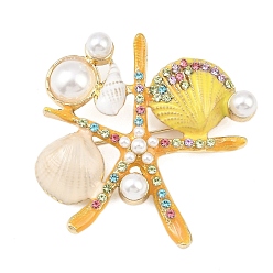 Золотой Эмалевые булавки, Бусины из сплава горного хрусталя и пластикового жемчуга для рюкзаков и одежды, формы раковины, золотые, 54x55 мм