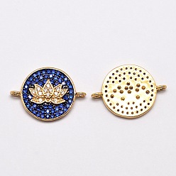 Real 18K Gold Plated Brass Links, Micro Pave Grade AAA Cubic Zirconia, Flat Round with Lotus, Cadmium Free & Nickel Free & Lead Free, Real 18K Gold Plated, 14x18x2mm, Hole: 0.8mm
