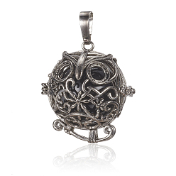 Black Agate Brass Cage Pendants, with Natural Black Agate Beads, Owl, 29.5x27mm, Hole: 5x6mm, 18mm Inner Diameter
