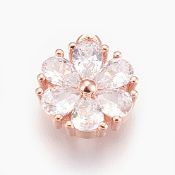 Розовое Золото Латунь прелести, с кубического циркония, цветок, прозрачные, розовое золото , 11x9.5x3 мм, отверстие : 0.8 мм