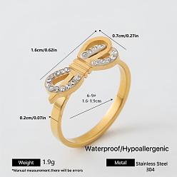 Golden 304 Stainless Steel Rhinestone Finger Rings for Women, Bowknot, Golden, 16x7mm, US Size 8(18.1mm)