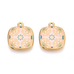 Цветок Печатный стиль 304 квадратные подвески из нержавеющей стали, ионное покрытие (ip), реальный 18 k позолоченный, цветок, 21x18x2 мм, отверстие : 1.8~2 мм