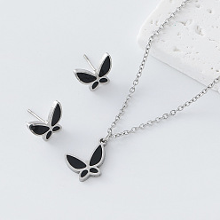 Black 304 Stainless Steel Enamel Butterfly Pendant Necklace & Stud Earrings Set for Women, Golden, Black, 450mm