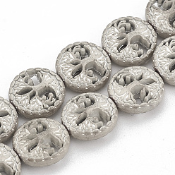 Rainbow Plated Electroplate Non-magnetic Synthetic Hematite Beads Strands, Matte Style, Flat Round with Tree of Life, Rainbow Plated, 12~12.5x4~4.5mm, Hole: 1mm, about 32pcs/strand, 15.74 inch