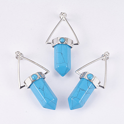 Синтетическая Бирюза Синтетические бирюзовые остроконечные подвески, с латунной фурнитурой , пуля, платина, окрашенные, 53.5x27x17.5 мм, отверстие : 4.5x7.5 мм