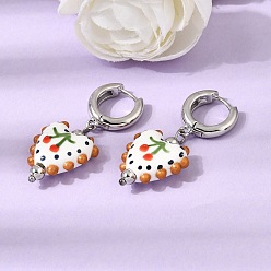 Coloré Boucles d'oreilles créoles en laiton, coeur avec motif de fleurs, avec porcelaine, sans plomb et sans cadmium, crémaillère plaquage, plaqué longue durée, platine, colorées, 40~41x17mm