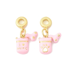 Pink Латунные эмалированные европейские подвески с подвесками, подвески с большим отверстием в форме прямоугольника и кости, золотые, стойки покрытие, долговечный, без кадмия и без свинца, розовые, 30 мм, отверстие : 4.5 мм