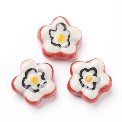 Red Handmade Porcelain Flower Poached Eggs Beads, Red, 16.5x16.5x7mm, Hole: 2mm, about 20pcs/strand, 12.60 inch(32cm)