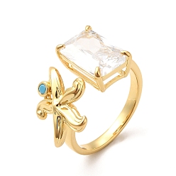 Настоящее золото 18K Кольцо из латуни с микропаве из кубического циркония, манжеты для женщин, долговечный, без кадмия и без свинца, прямоугольник и морская звезда, реальный 18 k позолоченный, 2 мм, внутренний диаметр: 17 мм