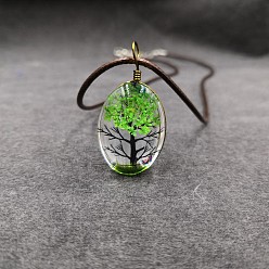 Зеленый лайм Овальный кулон в виде дерева из сушеных цветов с внутренней стеклянной вставкой из сплава и проволоки, на вощеном шнуре, для женщин., античная бронза, зеленый лайм, 17.72 дюйм (45 см)