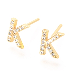 Letter K Серьги-гвоздики из латунного микро-паве, греческий алфавит, реальный 18 k позолоченный, letter.k, 8x6.5x1.9 мм, штифты : 0.9 мм