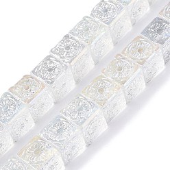 Прозрачный АВ Прозрачные стеклянные бусины гальваническим пряди, с покрытием AB цвета, Кубик с цветком, ясно AB, 10~11x10~11x10~11 мм, отверстие : 1 мм, около 38 шт / нитка, 14.96 дюйм (38 см)