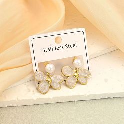 Floral White 304 Stainless Steel Enamel Four Petal Flower Dangle Earrings, Imitation Pearl Stud Earrings for Women, Golden, Floral White, 27x25mm