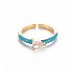 Dark Cyan Brass Enamel Cuff Rings, Open Rings, Solitaire Rings, with Clear Cubic Zirconia, Nickel Free, Teardrop, Golden, Dark Cyan, US Size 7(17.3mm)
