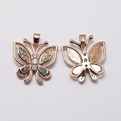 Rose Gold Brass Micro Pave Cubic Zirconia Pendants, with Synthetic Opal, Butterfly, Cadmium Free & Lead Free, Rose Gold, 24x23x4mm, Hole: 3x5mm