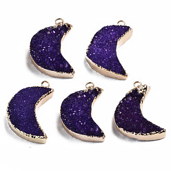 Dark Violet Natural Druzy Agate Pendants, Dyed, with Golden Plated Brass Edge and Loop, Moon, Dark Violet, 28~31.5x21~22.5x7.5~10.5mm, Hole: 2mm
