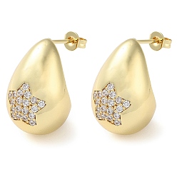 Golden Teardrop with Star Brass Micro Pave Clear Cubic Zirconia Stud Earrings, Long-Lasting Plated, Lead Free & Cadmium Free, Golden, 21x14mm