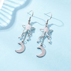 Розовый Кварц Серьги-подвески из натурального розового кварца, с 304 нержавеющей стали серьги крючки, платина, 60x16 мм