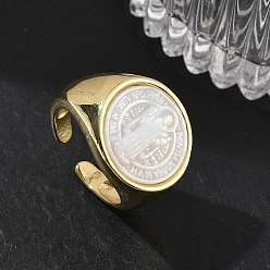 Human Brass & White Shell Cuff Open Rings, Flat Round, Long-Lasting Plated, Rack Plating, Lead Free & Cadmium Free, Real 18K Gold Plated, Saint Benedict, 17.5mm, Inner Diameter: 17mm