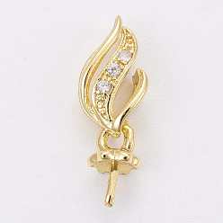 Golden Brass Micro Pave Cubic Zirconia Peg Bails Pendants, For Half Drilled Beads, Flower, Clear, Golden, 16x6x3.5mm, Hole: 1x3mm, Pin: 1mm