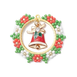 Разноцветный Рождественский венок ручной работы из стеклянного бисера с подвесками в виде рождественских колокольчиков, с латунными подвесками-соединителями и подвесками из эмалевого сплава, красочный, 34x38x4 мм, отверстие : 1.4 мм