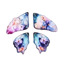 Морской Синий Подвески из прозрачной эпоксидной смолы, крылья с цветочным узором подвески, с блестка, Marine Blue, 39~39.5x18~20.5x2.5~3 мм, отверстие : 1 мм