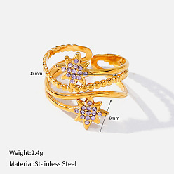Plum 304 Stainless Steel Micro Pave Clear Cubic Zirconia Cuff Open Rings, Star, Golden, Plum, 18mm