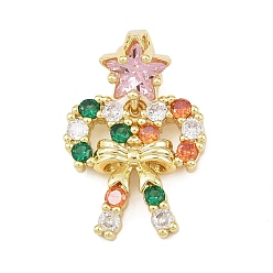 Bowknot Рождественские латунные подвески с микропаве из фианита, золотые, бантом, 22.5 мм, отверстие : 3x5 мм