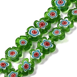 Зеленый Handmade millefiori lampwork beads strands, цветок, зелёные, 13x13x3.5 мм, отверстие : 0.6 мм, около 28 шт / нитка, 13.58'' (34.5 см)