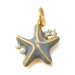 Морская звезда Латунные микро проложить кубического циркония подвески, с эмалью и пластиковой жемчужиной, с целью перехода в кольце, морская звезда, 13x12x3 мм, отверстие : 3 мм