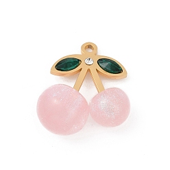 Pink 304 подвески из нержавеющей стали, вишня, со смолой, стразами и блестящей пудрой, ионное покрытие (ip), реальный 18 k позолоченный, розовые, 23x22.5x12 мм, отверстие : 1.8 мм
